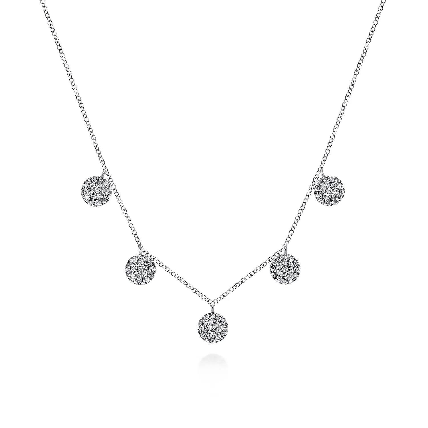 14K White Gold Necklace with Round Diamond Pave Disc Drops | Gabriel & Co. Fine Jewelry And Bridal