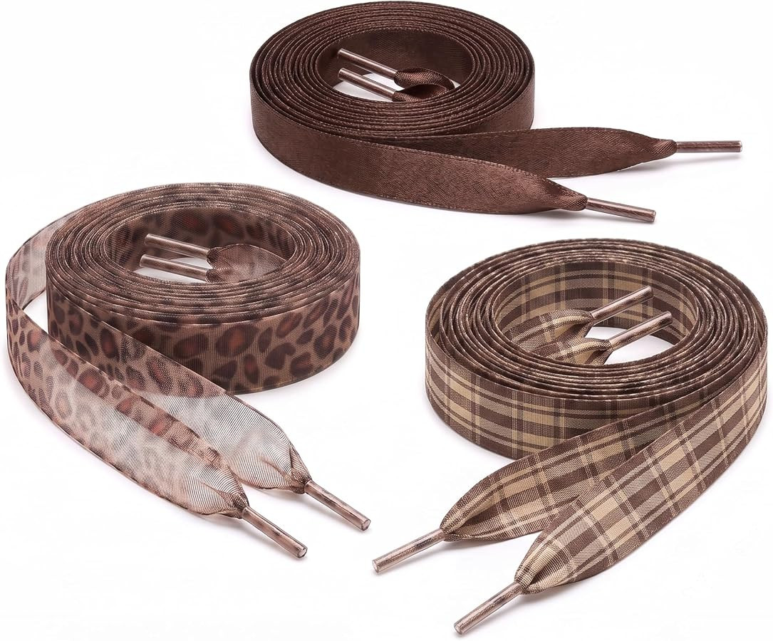 Ribbon Shoelaces for Women \u2013 Brown Plaid, Leopard Print & Brown Satin Wide Flat Fashion Shoe... | Amazon (US)