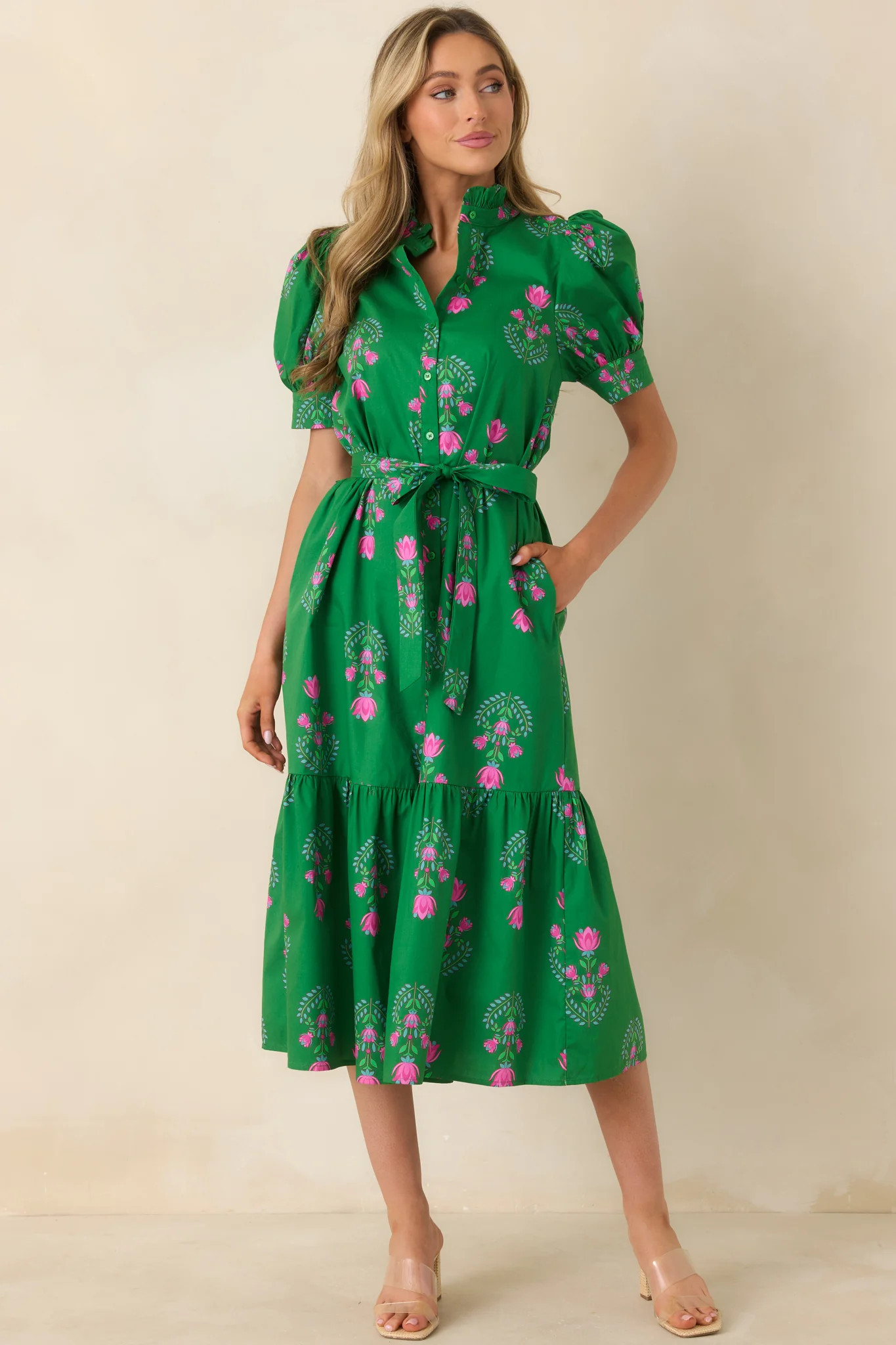 Free To Fly Green Cotton Floral Button Front Midi Dress | Red Dress