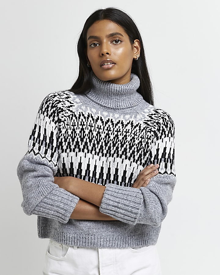 Grey fairisle cropped jumper | River Island (UK & IE)
