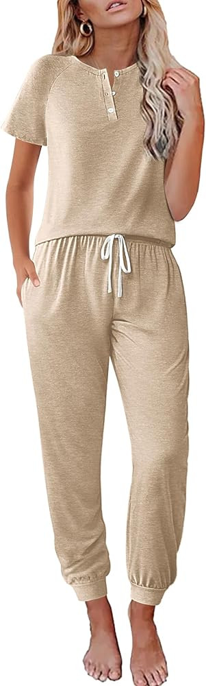 Ekouaer Lounge Sets for Women 2 Piece Pjs Short Sleeve Pajamas Set Joggers Pants Sleepwear Soft O... | Amazon (US)