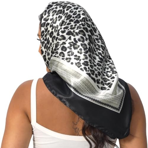Leopard Print Head Scarf for Women Like Silk Satin Wraps Shawls for Hair Wrapping at Night Bandana Square Scarves 35 Inches (XB54 Black gray leopard) | Amazon (US)