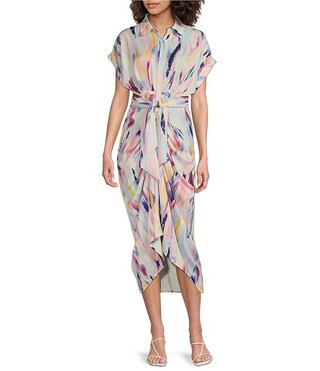 Steve Madden Tori Watercolor Print Point Collar Short Kimono Cuff Sleeve Ruched Front Asymmetrica... | Dillard's