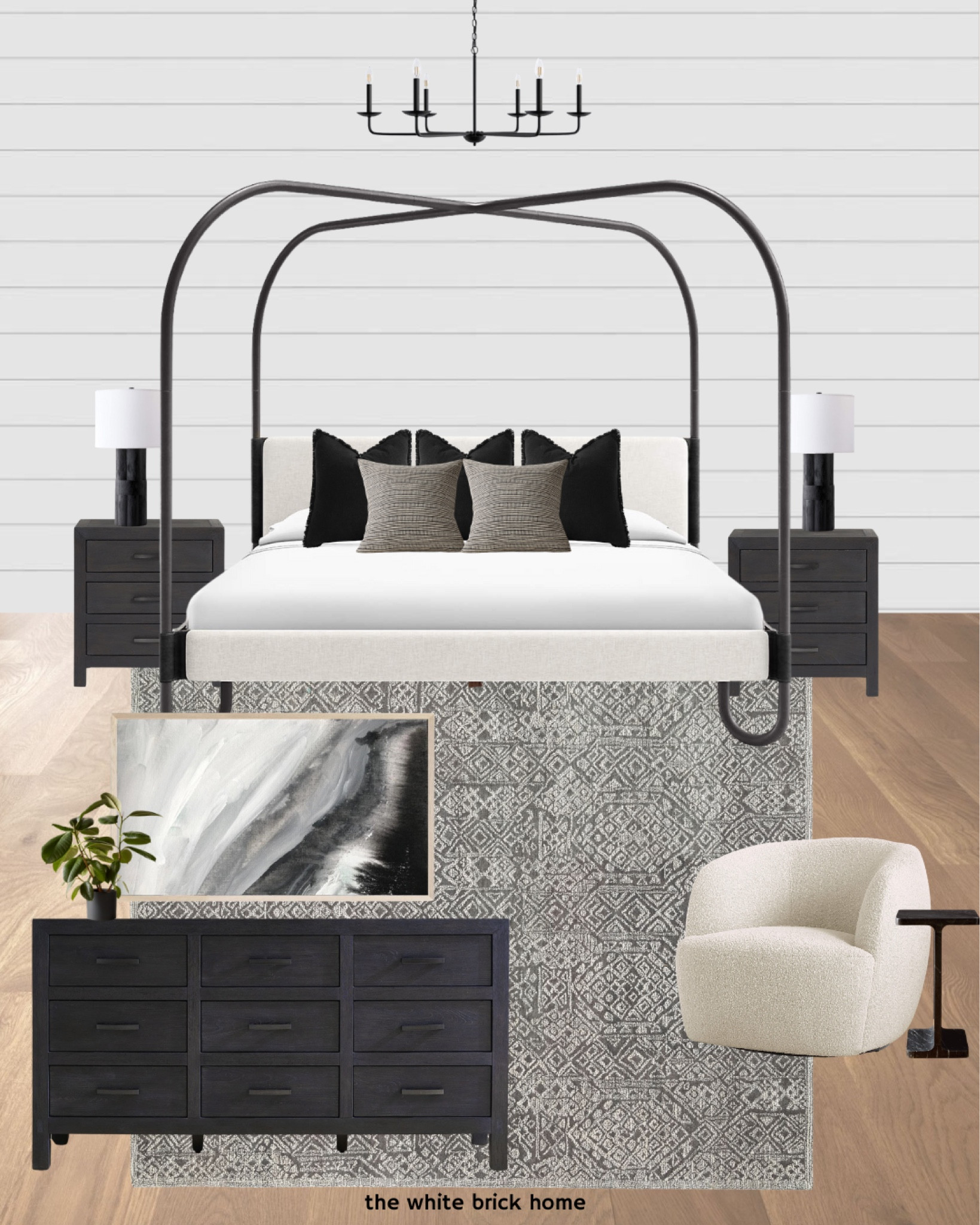 High contrast bedroom design with modern elements and a warm area rug. 

Bedroom, bedroom furniture, canopy bed, nightstand, bedroom dresser, master bedroom, primary bedroom, area rug, pottery barn, crate and barrel, cb2, modern bedroom, bedroom design, bedroom home decor, bedroom design, black and white bedroom, black canopy bed, accent chair, modern wall art, lamp, bedside lamp. 

#LTKstyletip #LTKhome