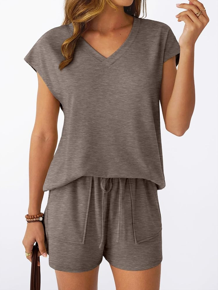 AUTOMET Women 2 Piece V Neck Matching Lounge Sets Clothing Spring Cap Sleeve Shirt and Shorts 202... | Amazon (US)