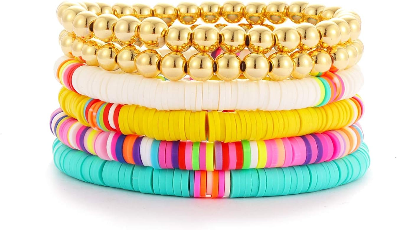 Colorful Beaded Bracelet for Women Men Heishi Surfer Bracelet Gold Copper Beads Stretch Bracelet ... | Amazon (US)