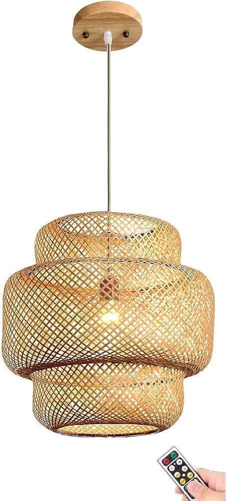 14‘’ Battery Operated Bamboo Pendant Light Fixture with Remote,Non Hardwired Hanging Ceiling ... | Amazon (US)