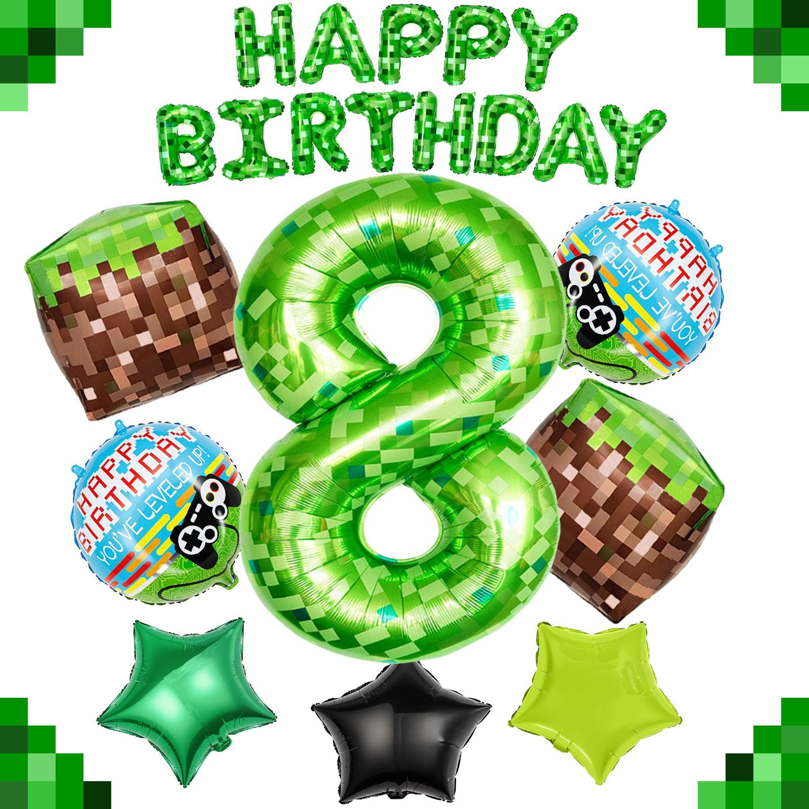 40 Inch Green Pixel Miner Number 8 Balloon Set, 21Pcs Large MIning Foil Metallic Balloons Video G... | Amazon (US)