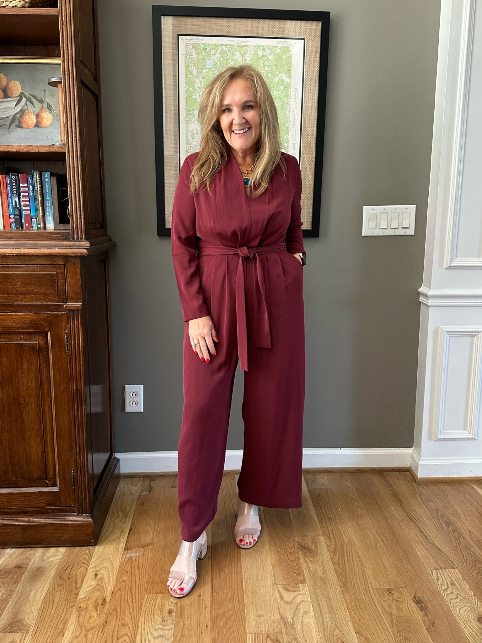 This was an option for tonight’s party. And while I did not pick it, my friend Stylish Sandy did and she looked fantastic. We are both about 5’3 and agreed that you should not get a petite. She had hers hemmed. 

Banana republic factory jumpsuit satin jumpsuit burgandy Merlot jumpsuit cocktail party 

#LTKOver40 #LTKFindsUnder100 #LTKCon