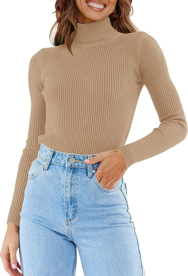 ZESICA Women's 2023 Turtleneck Long Sleeve Knit Shirts Fall Basic Tops Slim Fitted Ribbed Sweater | Amazon (US)