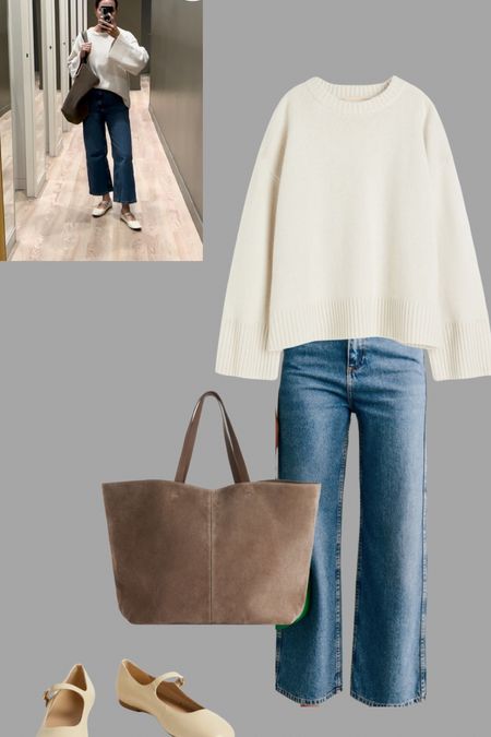 Big bag energy. Cream cake with Sézane le crop jeans, a huge suede tote from Arket and cream Mary Janes 