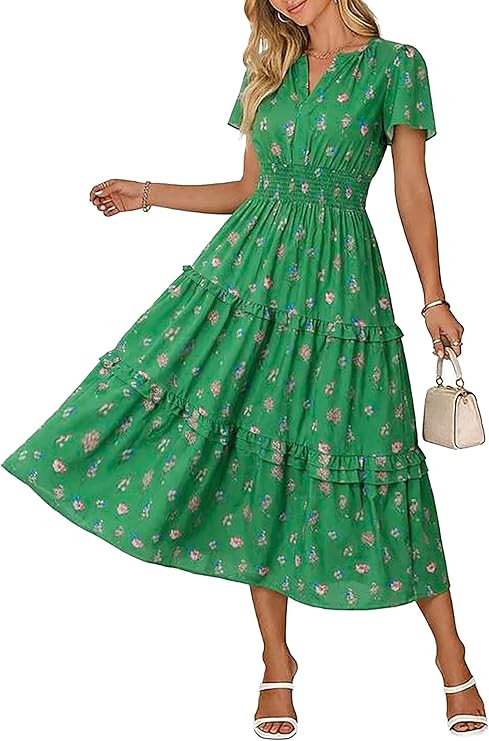 Wenrine Womens Summer Short Sleeve Maxi Dresses Casual Floral V Neck Smocked Tiered Flowy Boho Be... | Amazon (US)