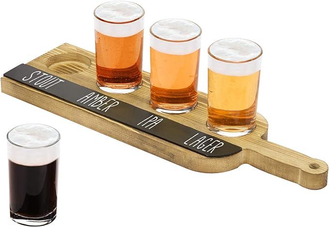 MyGift Beer Flight Tasting Serving Set, Rustic Burnt Wood Beer Sampler Paddle Board with 4 Glasse... | Amazon (US)