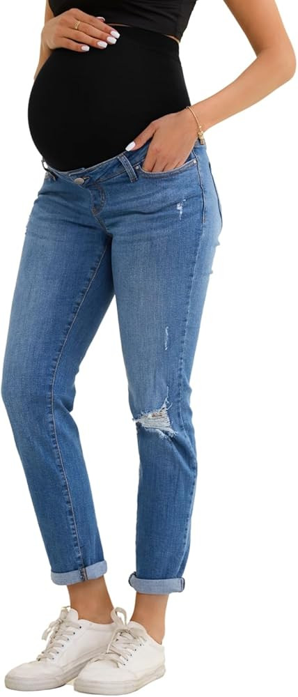 Women's Maternity Jeans Comfy Stretch Boyfriend Jean Over Belly Ripped Denim Pregnancy Pants | Amazon (US)