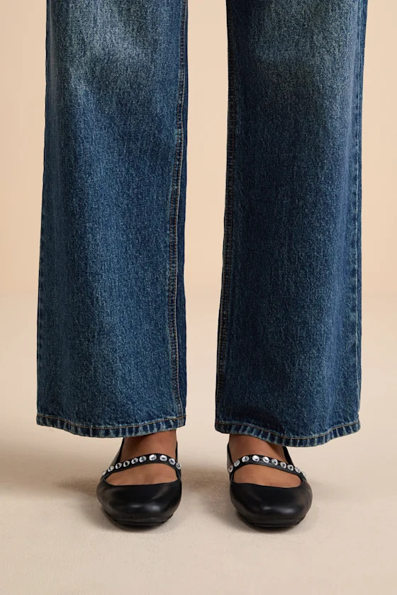 Karolin Black Leather Rhinestone Ballet Flats | Lulus