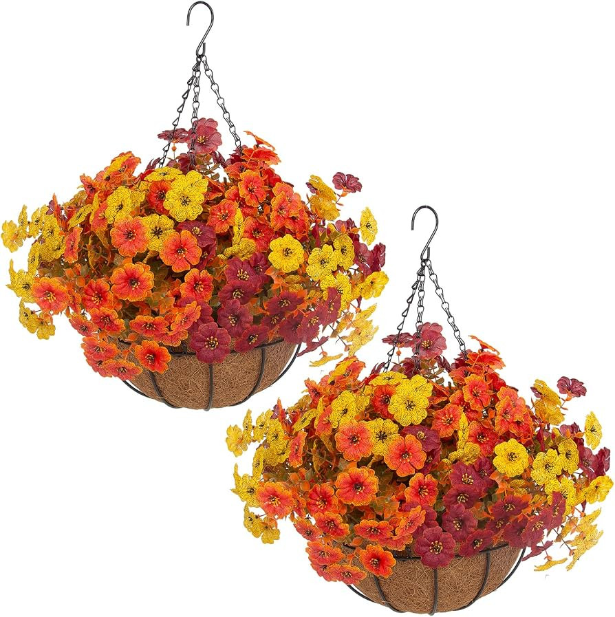 Hananona 2 Set Artificial Outdoor Fall Flowers with Hanging Basket, 2 Packs Hanging Planters with... | Amazon (US)