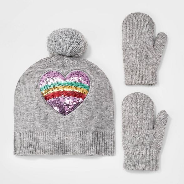 Toddler Girls' Sequin Heart Patch Beanie and Magic Mittens Set - Cat & Jack™ Gray | Target