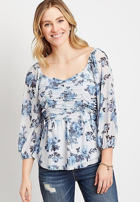 Blue Floral Mesh Ruched Sweetheart Top | Maurices