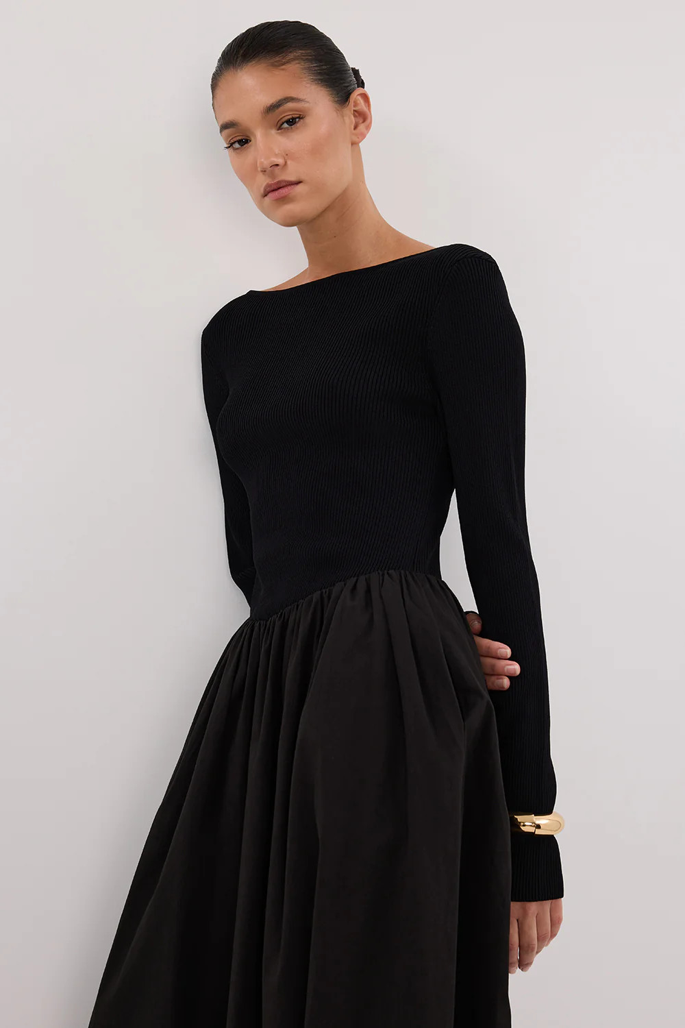 ABIGAIL BLACK HYBRID LONG SLEEVE MIDI DRESS | DISSH