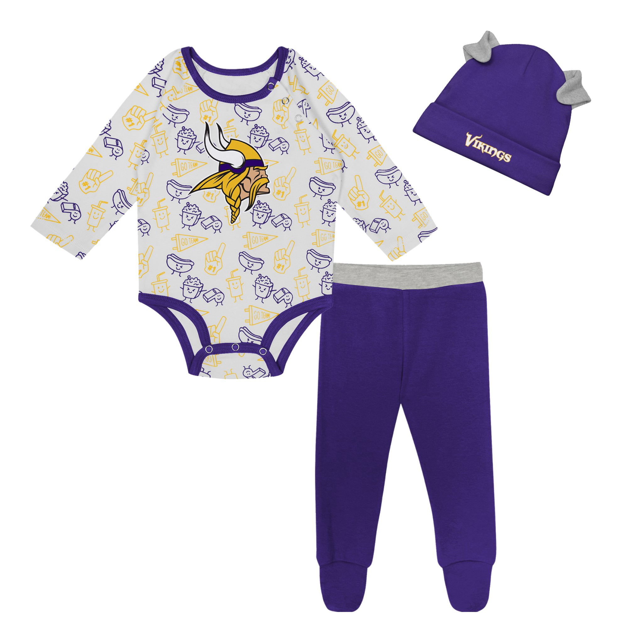 Newborn & Infant Minnesota Vikings Little Champ Long Sleeve Bodysuit, Pants & Cuffed Knit Hat 3-Piece Set | Fanatics