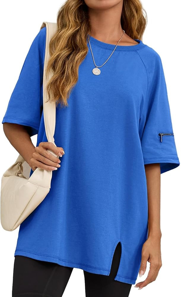 Tankaneo Womens Oversized Workout Tshirts Split Hem Raglan Short Sleeve Tops Summer Casual Loose ... | Amazon (US)