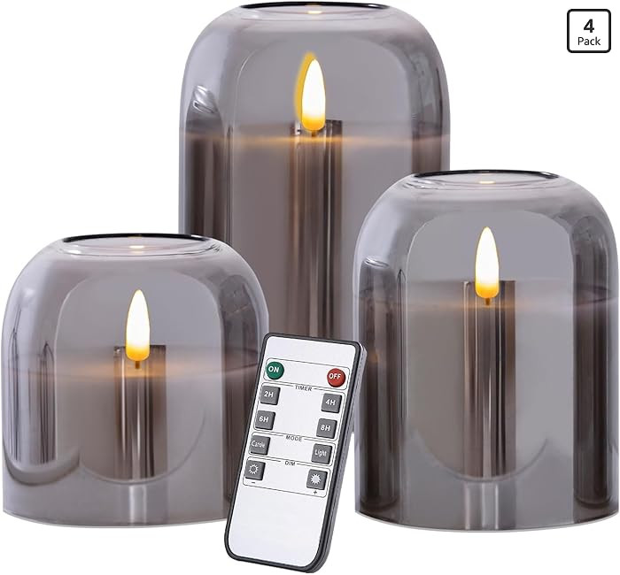 volnyus Grey Glass Flameless Candles with Remote Set of 3 Battery Operated Flickering LED Pillar ... | Amazon (US)
