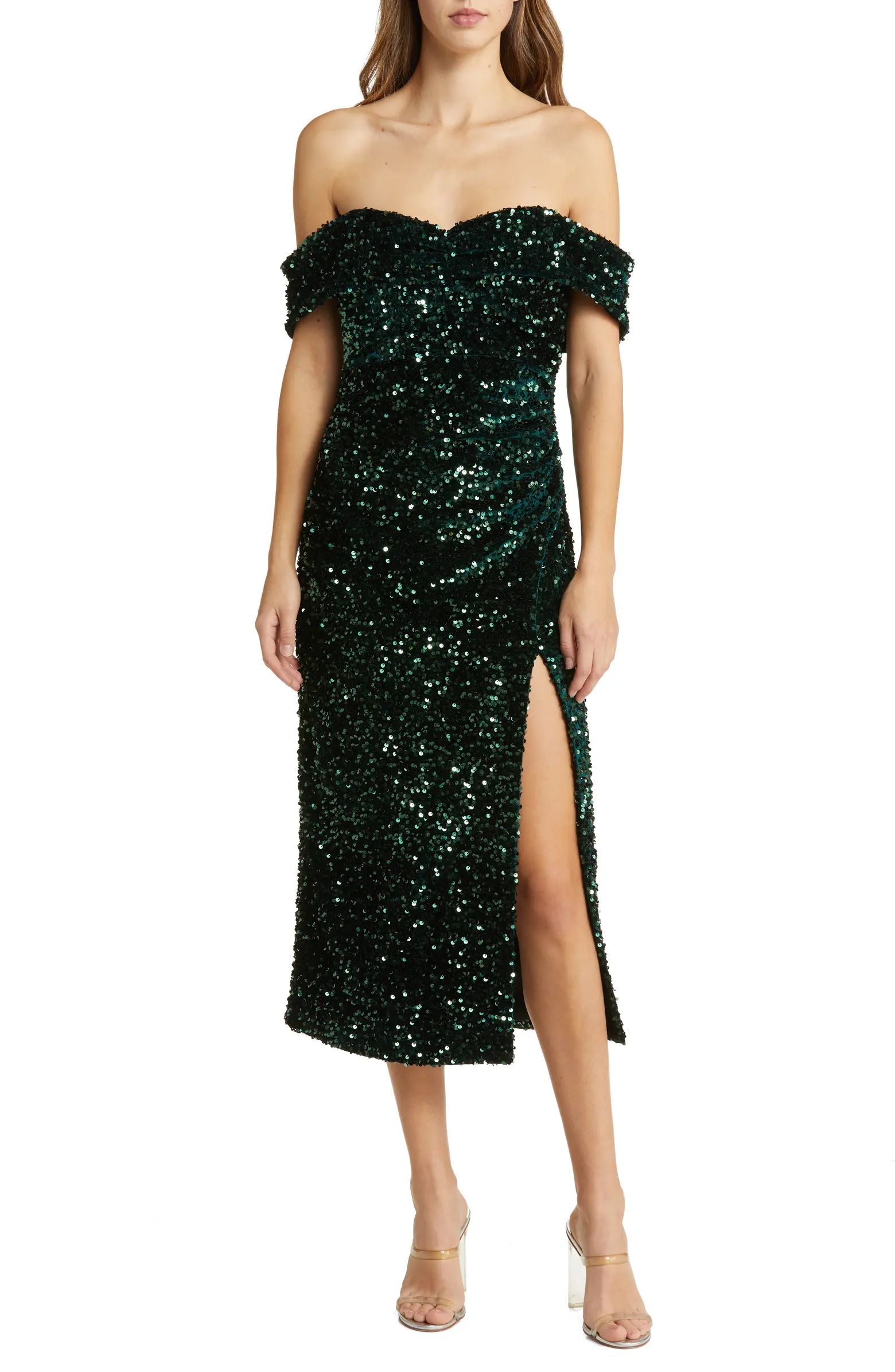 LIKELY Ronan Off the Shoulder Sequin Midi Dress | Nordstrom | Nordstrom