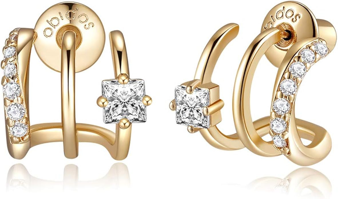 Obidos 14K Gold Plated Triple Huggie Illusion Stud Earrings | Gold Hoop Earrings for Women | Amazon (US)