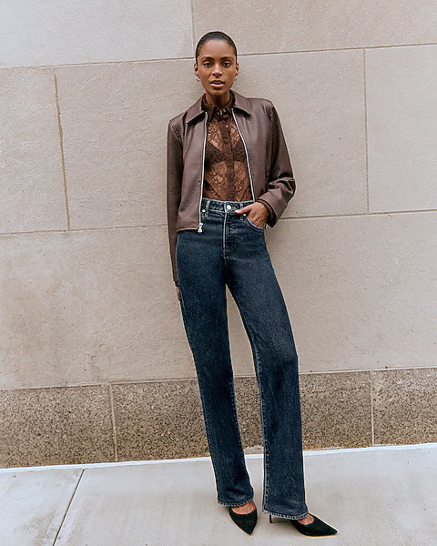 High Waisted Dark Wash Relaxed Straight Jeans | Express