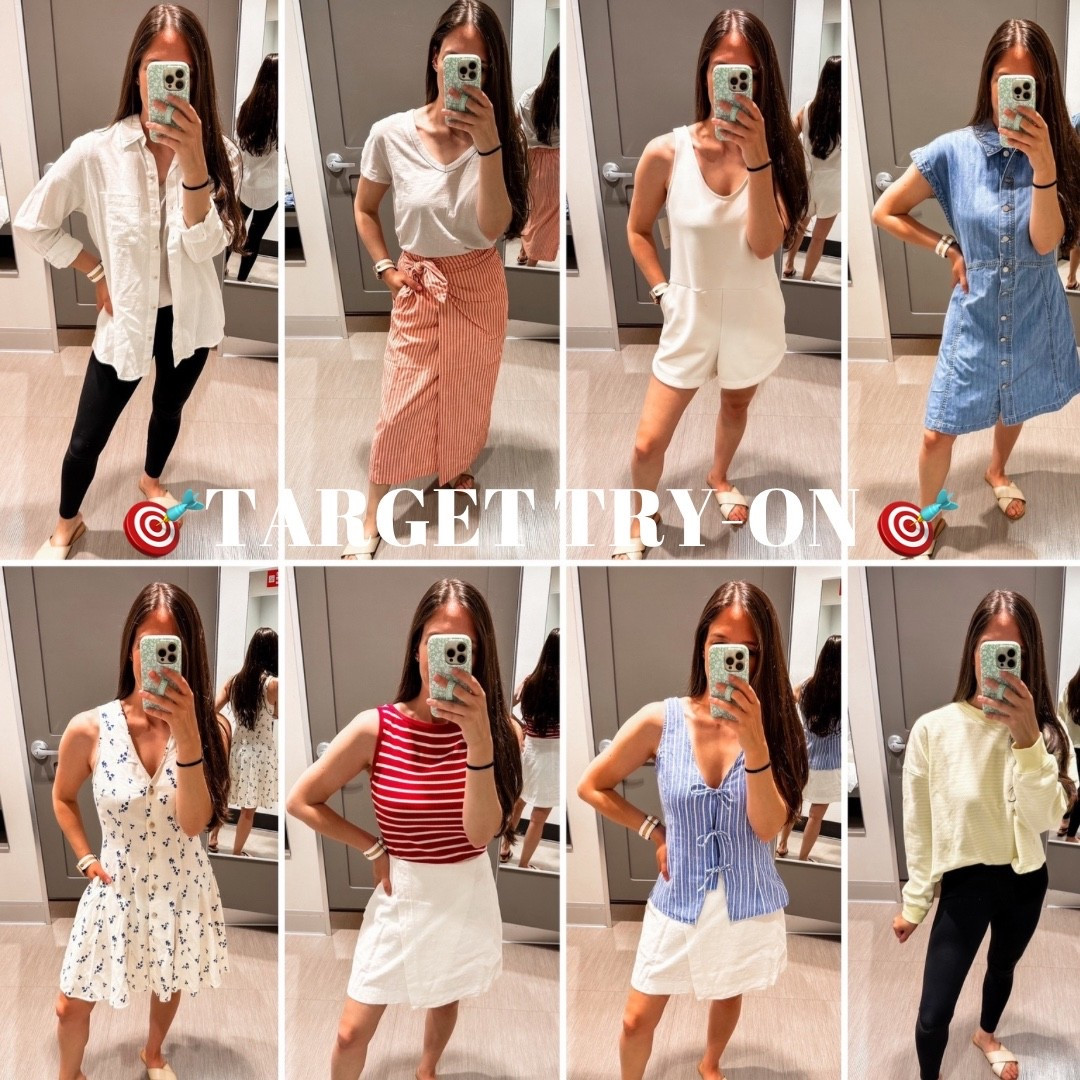 Target try on haul! 
Linen button down XS 
Linen midi wrap skirt XS 
White romper XS 
Denim dress XS 
Floral dress XS 
White linens skort XS 
Red striped tank small 
Blue in stripe tank XS 
Yellow striped sweatshirt small 

#LTKStyleTip #LTKFindsUnder100 #LTKFindsUnder50