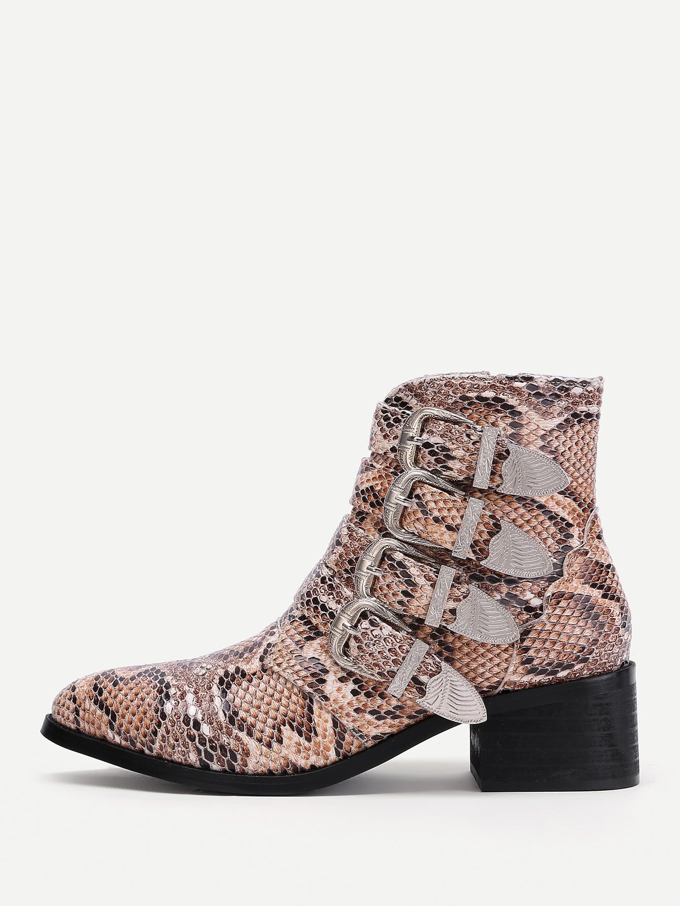Buckle Decorated Snakeskin Print PU Ankle Boots | SHEIN