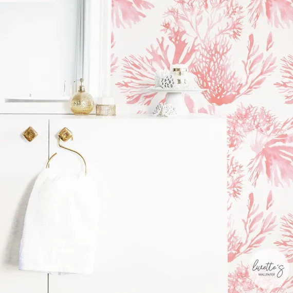 Living Coral Removable Wallpaper, Watercolor Coastal Decor, Nautical Print, Traditional or Tempor... | Etsy (US)