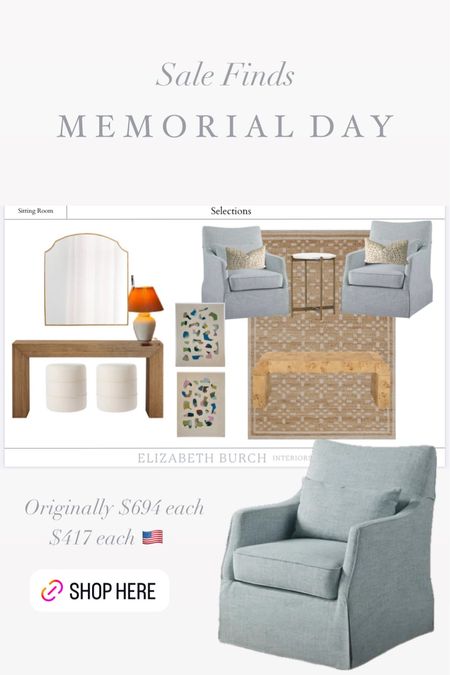 Continuing to share Memorial Day sale finds from our designs with Elizabeth Burch Interiors. This is our sitting room. With four chairs to order, I’m glad these are highly rated and on major sale. With the 17% off email sign up these are $417 each! 

Annie Selke rug
Ballard Designs console Table
Crate and barrel mirror 
