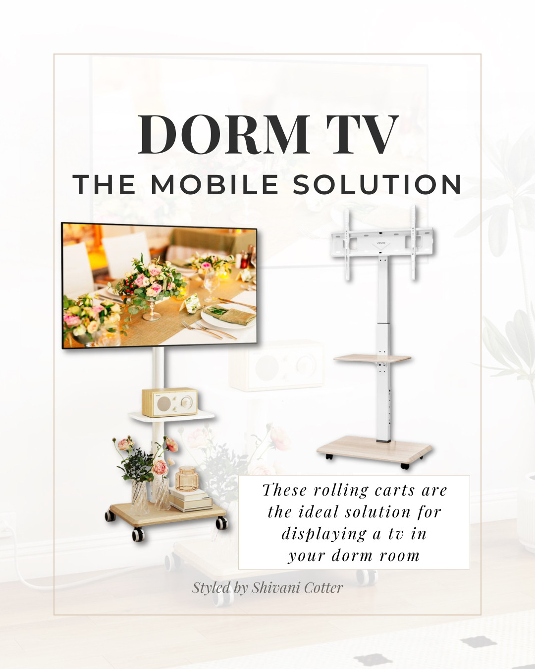The Dorm TV Setup You Actually Need

If you’re trying to figure out where to put a TV in a dorm, this is the solution that actually works. A rolling TV stand that saves space, moves wherever you need it, and doesn’t require mounting or drilling. Perfect for small dorm rooms where every inch matters.
You can easily reposition it for watching from bed, your desk, or even move it out of the way when you need more space.
It’s one of those dorm essentials that makes your setup feel more functional and put together without overcomplicating things. 

 #LTKHome