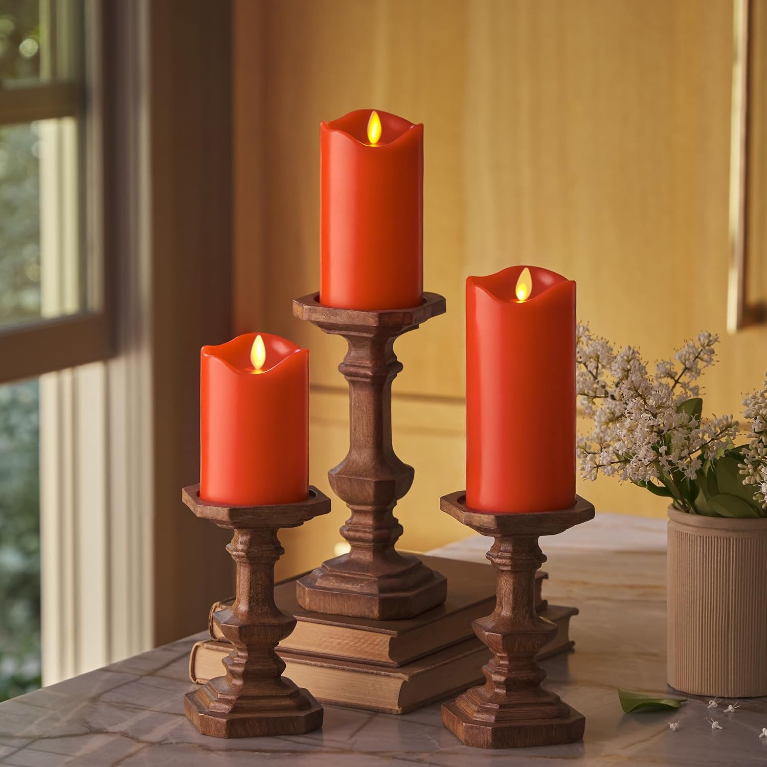 Co. Set of 3 (3" x 4.5",5.5",6.5") Flameless LED Flickering Battery Candle Moving Flame Pillar, Melted Edge, Real Wax Smooth Finish (Bright Red) | Amazon (US)
