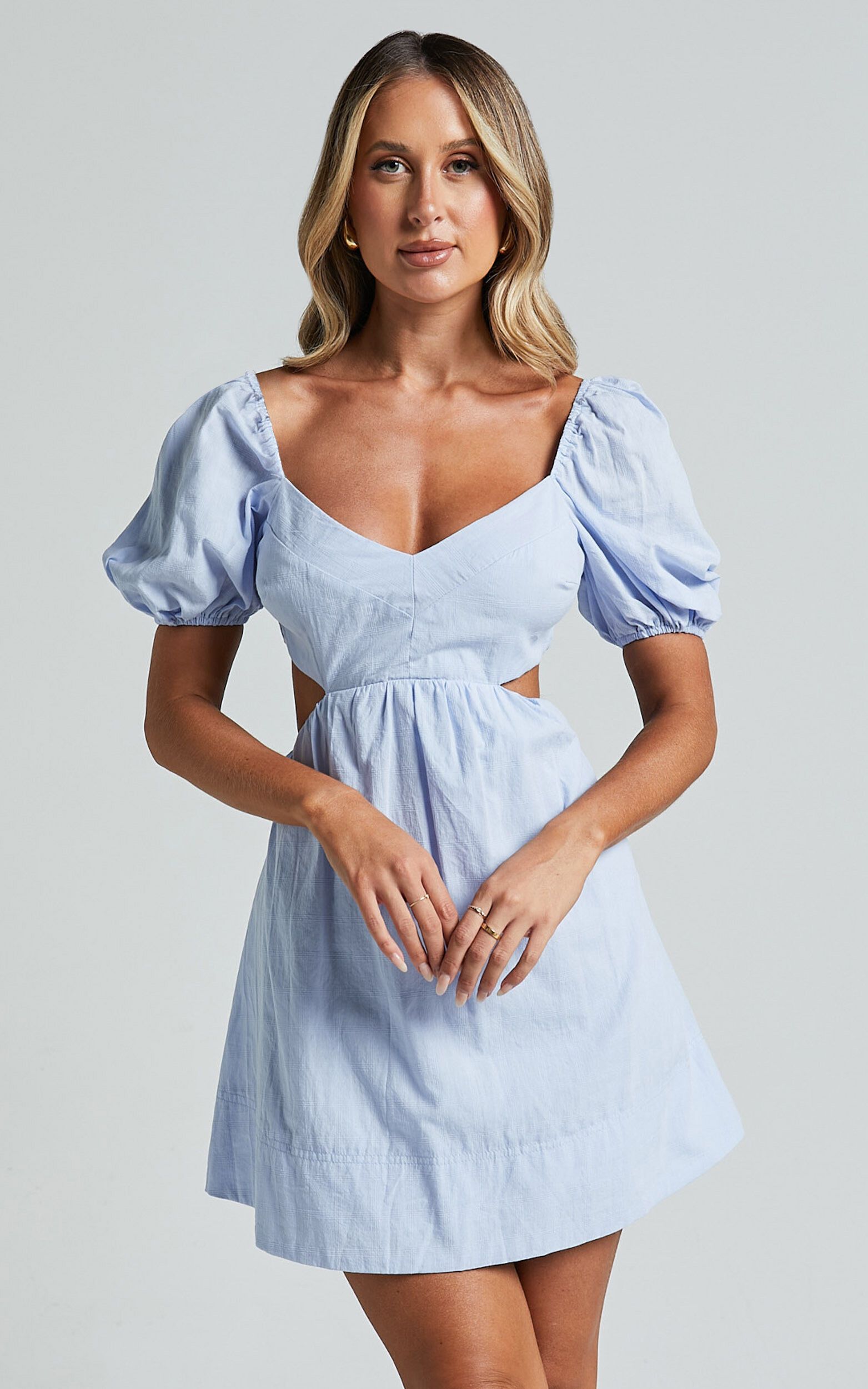 Rey Mini Dress - Puff Sleeve Dress with Cut Outs in Blue | Showpo (US, UK & Europe)