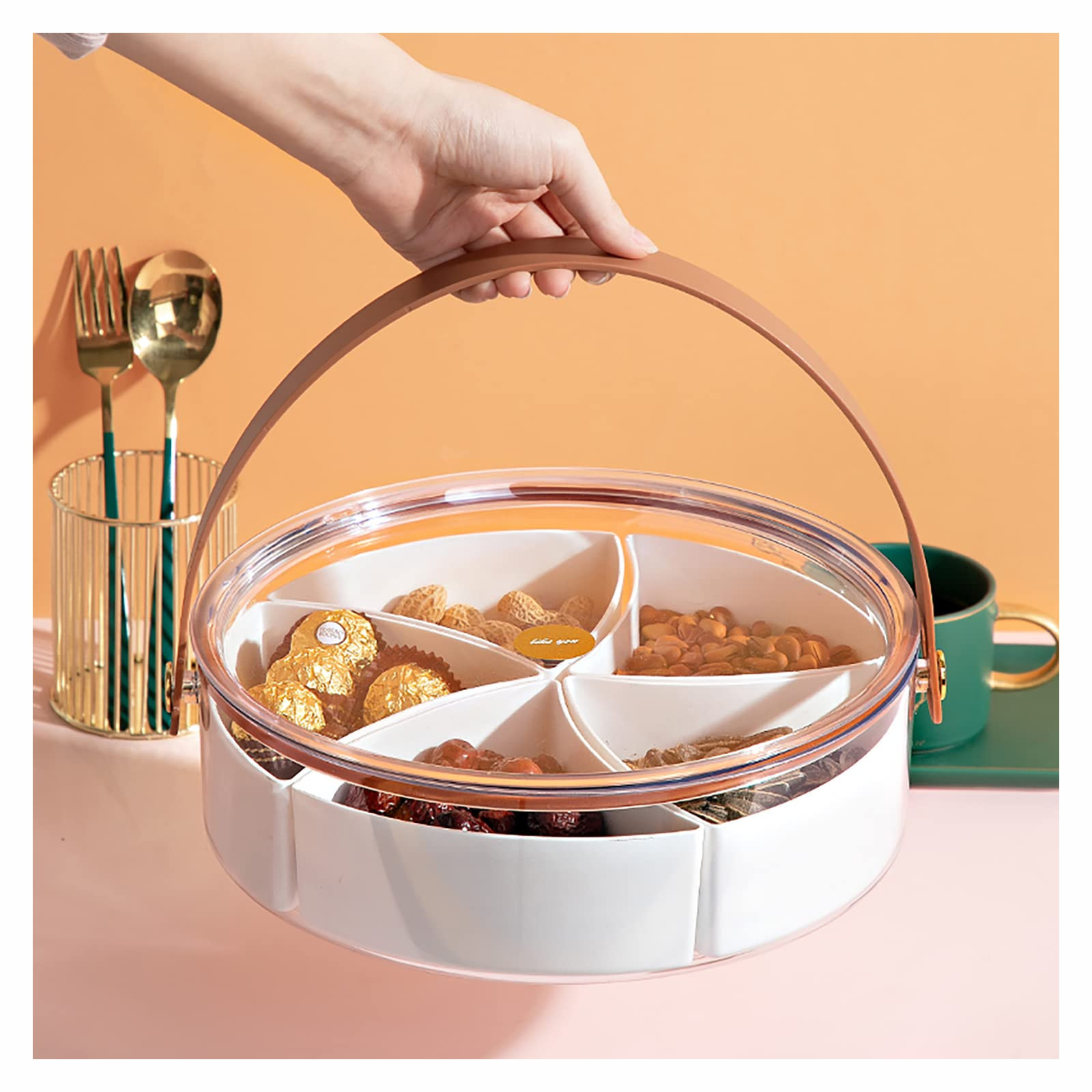 Clear Divided Serving Tray with Lid & Handle, Portable Round Plastic Veggie Tray, Platter Food St... | Amazon (US)