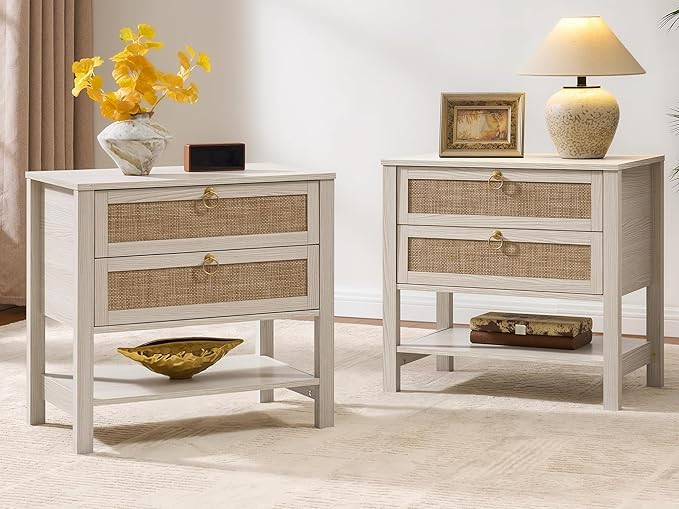 SICOTAS Boho Rattan Nightstand Set of 2, 26.7" Extra Wide Bedside Table with 2 Drawers & Open She... | Amazon (US)