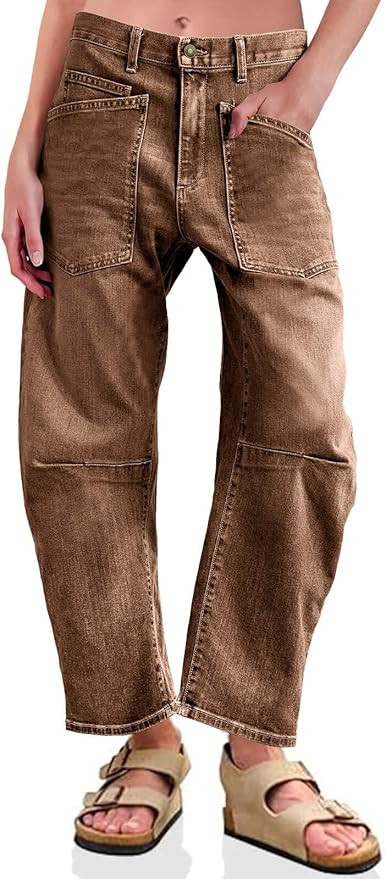 PLNOTME Womens Baggy Barrel Horseshoe Jeans High Waisted Wide Leg Vintage Denim Pants with Front ... | Amazon (US)