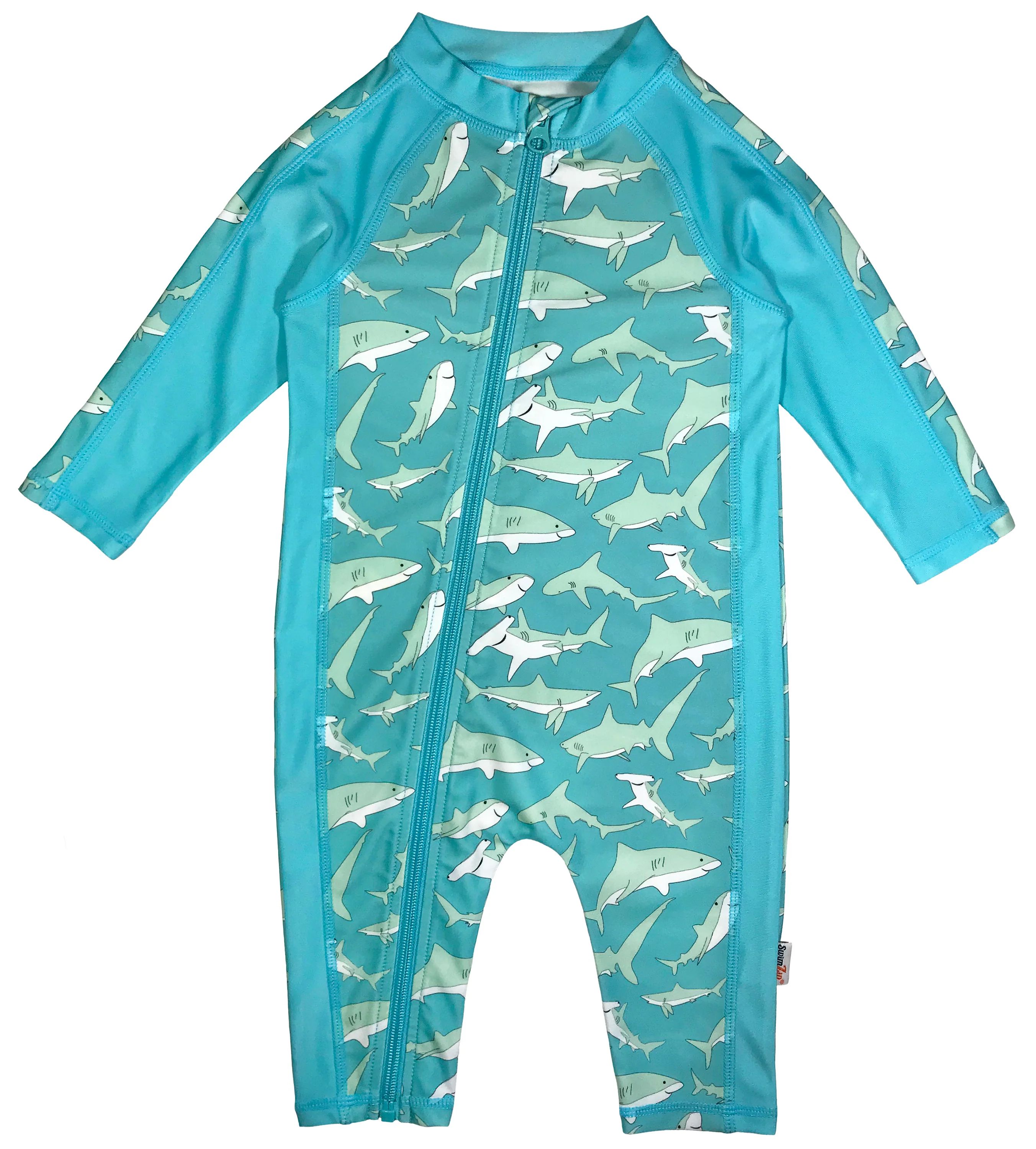 Sunsuit - Boy Long Sleeve Romper with UPF 50+ UV Sun Protection | "Deep Blue Shark" | SwimZip
