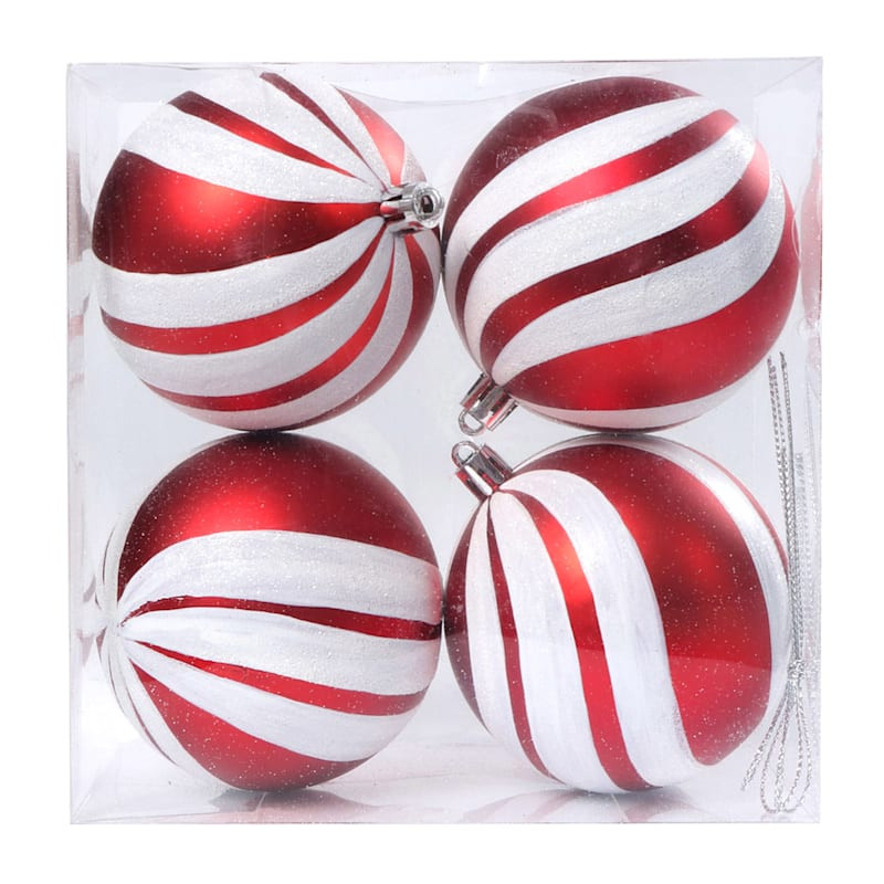 4-Count Red & White Striped Shatterproof Ornaments, 3.1" | At Home