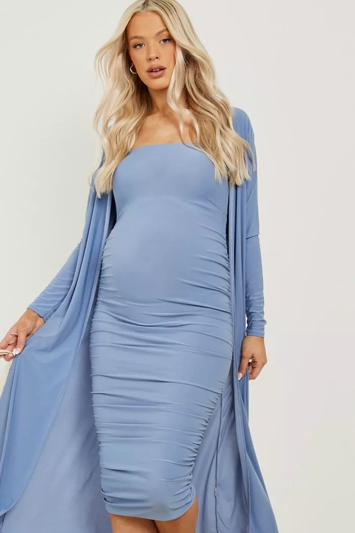 Maternity Square Neck Ruched Duster Dress Set | Maternity Photos | Blue Maternity Dress | #LTKbump  | boohoo (US & Canada)