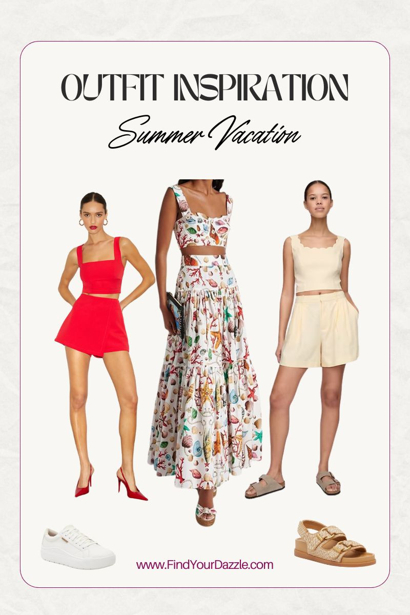 Summer vacation or warm weather vacation outfit sets for inspiration. Sea shell skirt and matching top from Amazon, Red top and skort from Lulus, and Linen short set!   

 #LTKSeasonal #LTKPetite #LTKFindsUnder100