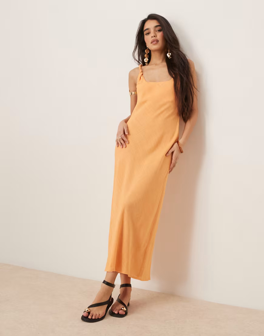ASOS DESIGN linen look twisted strap bias cut maxi dress in papaya-Orange | ASOS (Global)