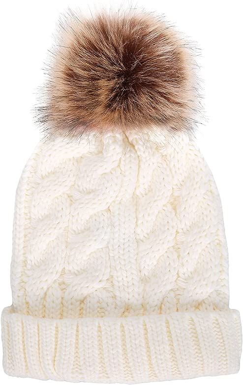 Women's Winter Soft Knit Beanie Hat with Faux Fur Pom Pom | Amazon (US)