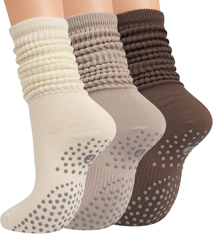 Grip Pilates Socks for Women, Yoga Slouch Socks with Grip for Barre Workout Hospital Long Scrunch... | Amazon (US)