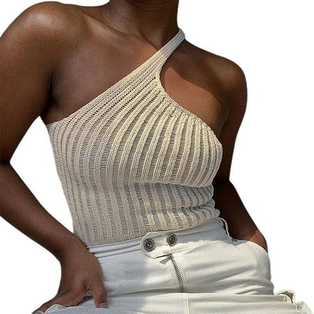Famyfamy Summer 2021 One Shoulder Crop Top Women Beige Sleeveless Casual Green Beach Sexy Tank Tops | Walmart (US)
