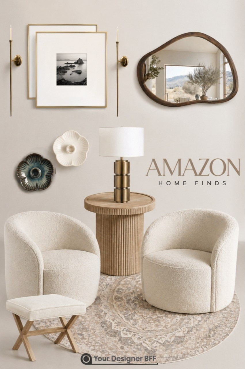 A warm, modern sitting area featuring soft neutral tones and sculptural shapes. Plush boucle chairs flank a fluted wood side table with a brass lamp, while organic decor—like an asymmetrical mirror, minimalist wall art, and ceramic accents—adds texture and elegance. A muted patterned rug ties the space together, creating a cozy yet refined aesthetic.

#LTKHome