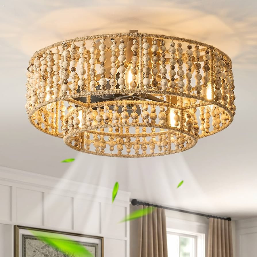 ainqiant Rustic Wood Beaded Ceiling Fans with Lights,Boho Caged Flush Mount Ceiling Fan with Ligh... | Amazon (US)