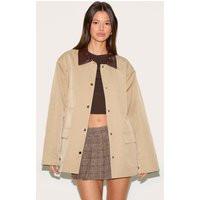 Beige Contrast Collar Rubberised Jacket | PrettyLittleThing US